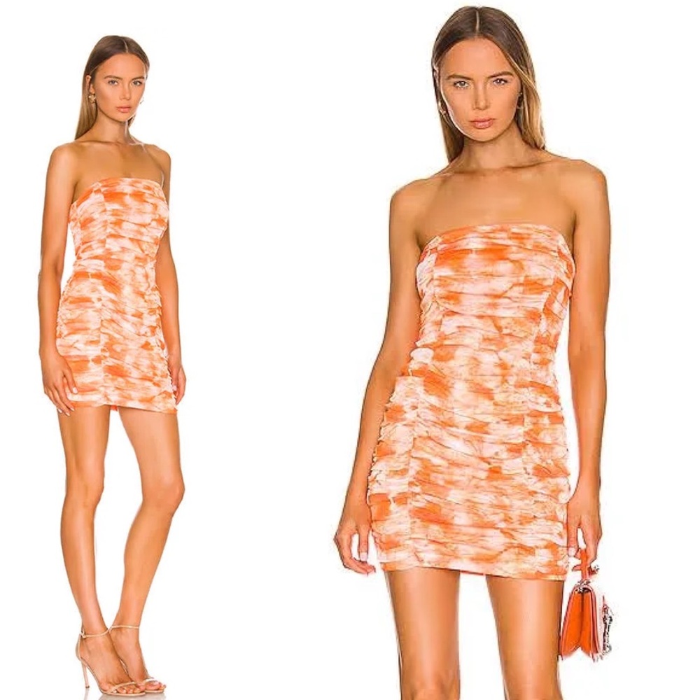 NWT Superdown x REVOLVE Ivanna Strapless Ruched Mini Dress in Orange Tie Dye